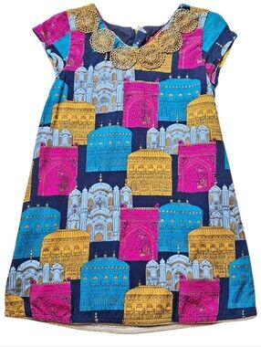 Genuine Kids Navy Dress with Pink, Blue & Yellow Architectural Print Size 2T